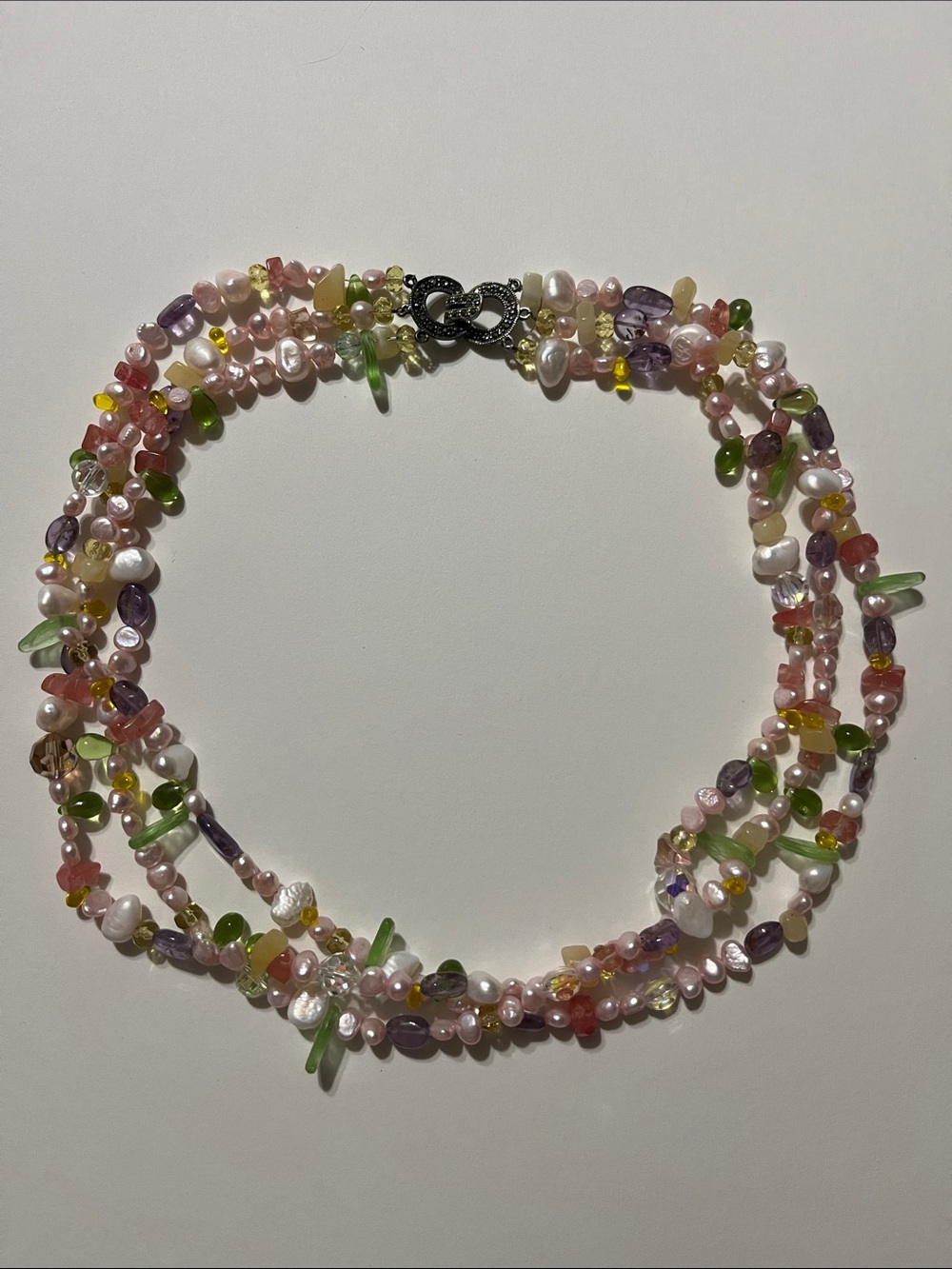 Multicolor Gem & Freshwater Pearl Multi-Strand Necklace 925 marcasite closure